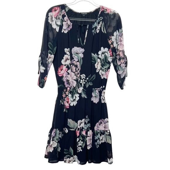YUMI KIM Steffee Floral Silk Dress 3/4 Sleeve Fit & Flare Tie Front Black Size M - Picture 2 of 5